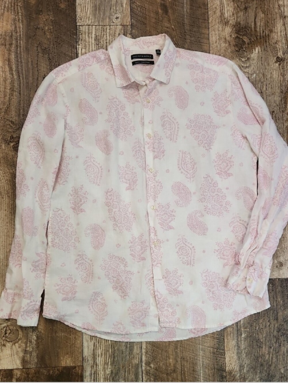 Saks 5th Avenue Paisley Print 100% Linen Shirt XL Slim Fit Long Button Up